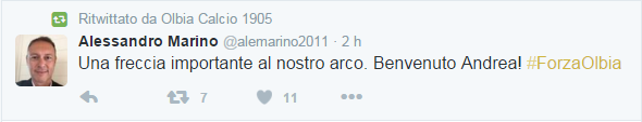 Il tweet di Alessandro Marino che accoglie Andrea Cossu